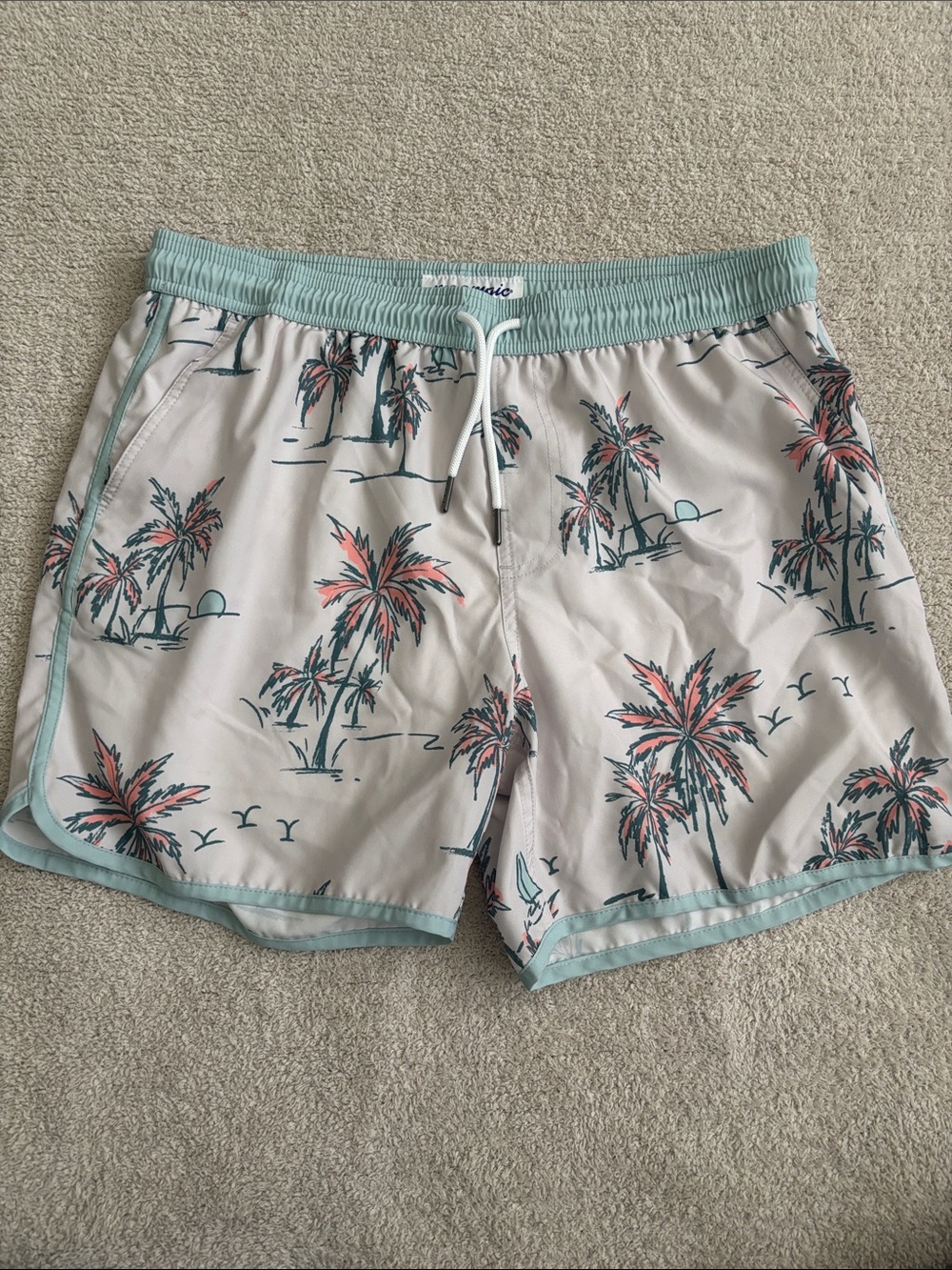 Men's Light Teal Palm Print Swim Trunks with compression liner.